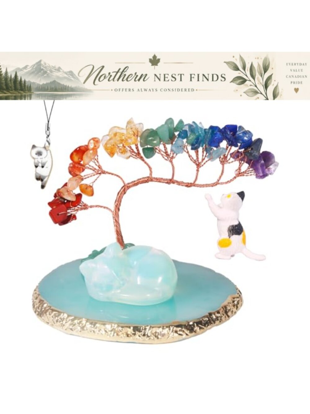 Hand Carved Opal Cat Statue with Crystal Tree Healing Gemstone Desk Decor